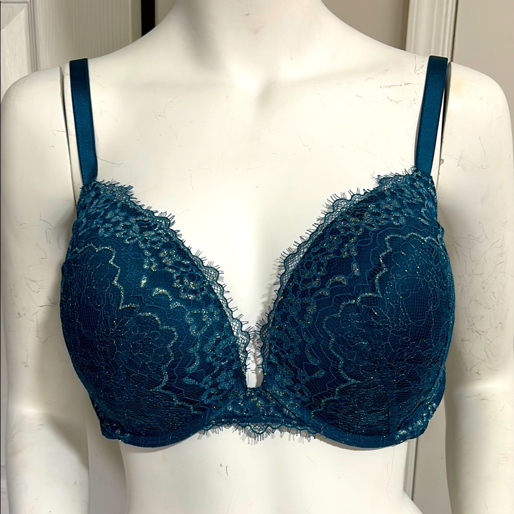 Victoria's Secret teal blue Lace Plunge Bra with Floral Detailing